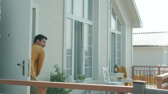 Man Customer Catching Heavy Boxes From Deliveryman Then Taking Parcels Home alt