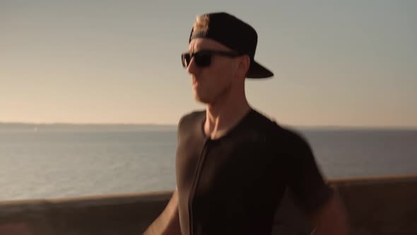 Running Man Healthy Lifestyle.Runner Jog On Sea.Sport Recreation Fitness Workout.Jogger Cardio Run. alt