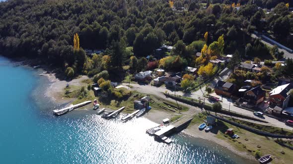 Aerial view of Puerto Bertrand, small Village in Patagonia, Chile. South America alt