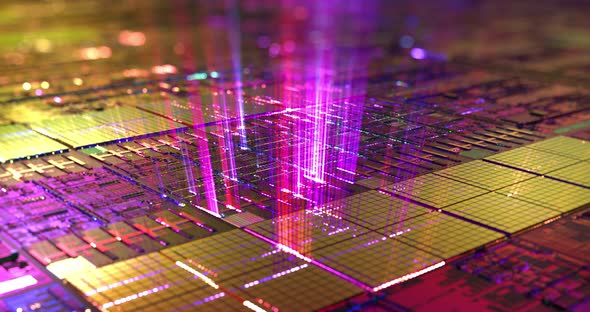 Abstract neon light rays loop of digital technology micro processor. 