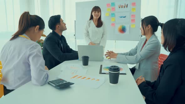 Businesswoman Proficiently Present Work Project Receive Celebrations From Team alt