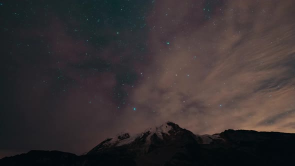 Cayambe, Ecuador, Timelapse - The top of volcano at night with the stars in the back of the mountain alt