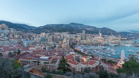 Panorama of Monaco: La Condamine area and port Hercule at dusk