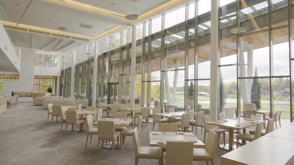 Modern Restaurant Interior With Panoramic Windows alt