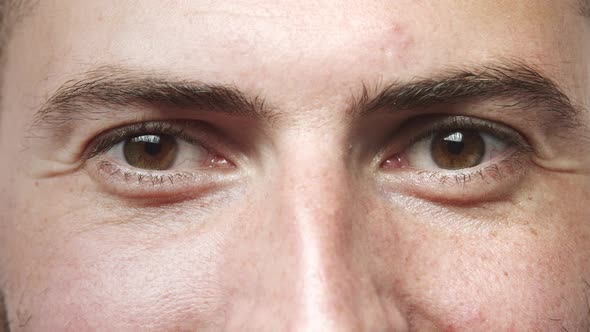 Slow Motion Closeup Portrait Caucasian Man Eyes Start Smiling Express Positive Emotions Look alt