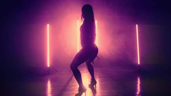 Silhouette of Sexy Woman in Shorts and Heels Dancing Modern Dance  Twerk alt