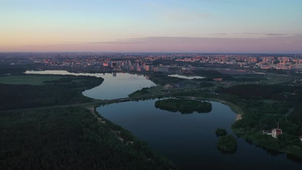 Top View of the Drozdov Reservoir and the Ring Road in Minsk at Dawn alt