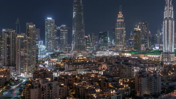 Dubai Downtown Skyline Night Timelapse with Burj Khalifa and Other Towers Paniramic View From the alt