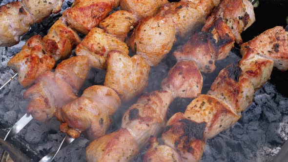 Shish Kebabs on Skewers Are Prepared on Grill. Raw Meat Cooked on Charcoal Grill alt