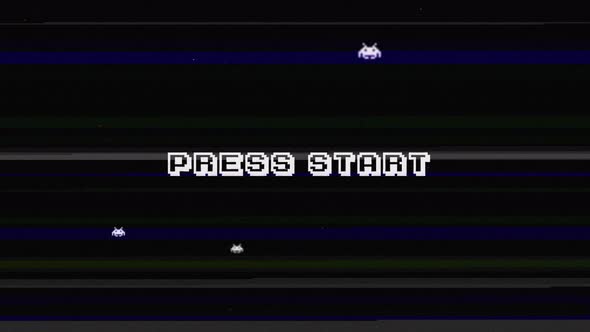 Retro Videogame Intro ,Press Start Text with Old Tv Glitch effect.