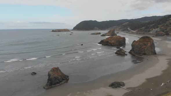 Aerial of the Oregon coastline on the Pacific Ocean, breathtaking view off of PCH 1 complete with sm alt