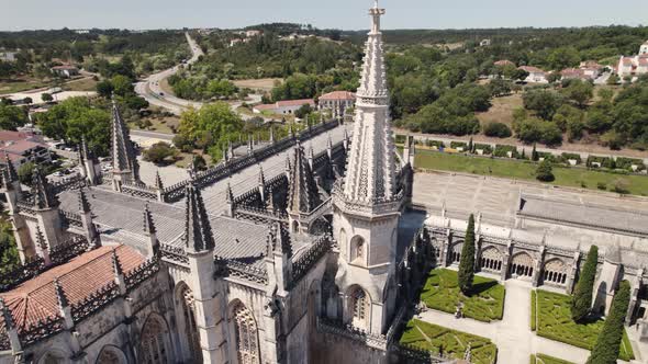 Towers and inner courtyard of Monastery of Batalha.  Landmark destination In Portugal alt