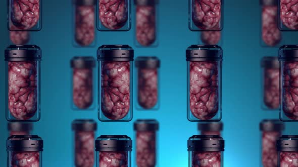 mind data storage. capsule with artificial brain inside on a uniform blue alt