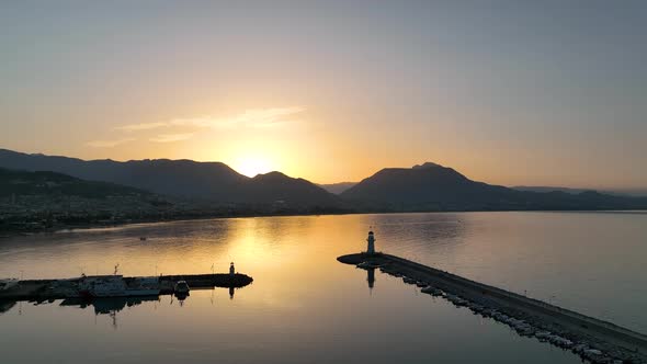 Lighthouse in Sunrıse moment aerial view Turkey Alanya 4 K alt