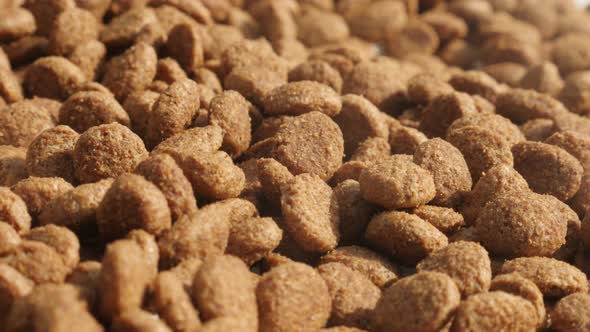 Dry  pet pellets on pile close-up   4K 2160p 30fps UltraHD panning footage - Heap of cat or dog food alt