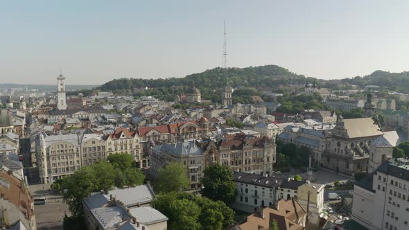 Aerial Drone Video of European City Lviv, Ukraine, Rynok Square, Central Town Hall, Dominican Church alt