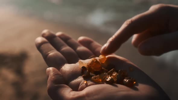 A Handful of Beautiful Amber Stones Sitting on a Man's Stretched Out Palm alt