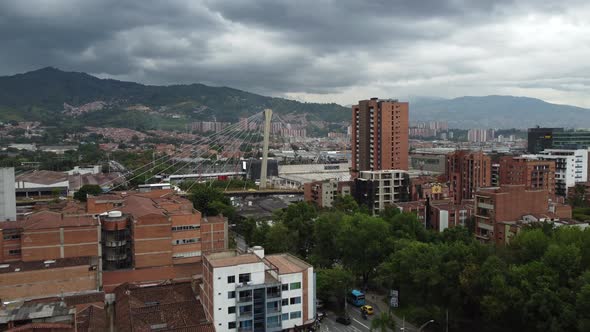 Drone shot of the city of Medellin, in an urban and residential area alt