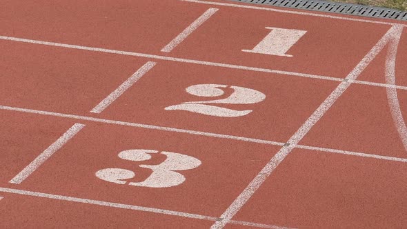 Close-Up View of Empty Running Track With White Lines and Numbers, Stadium alt