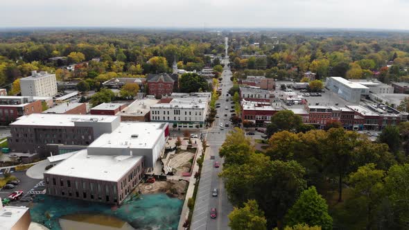 Oberlin Ohio downtown, aerial drone footage alt
