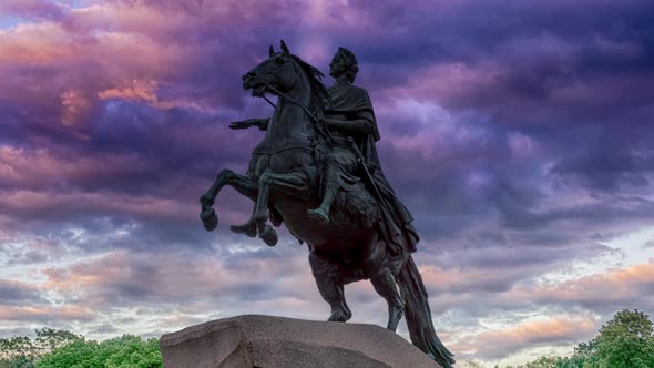 Statue of Peter the Great in St Petersburg Russia with a ramatic sky in a parallax or cinemagraph an alt