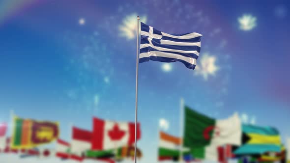 Greece Flag With World Globe Flags And Fireworks alt