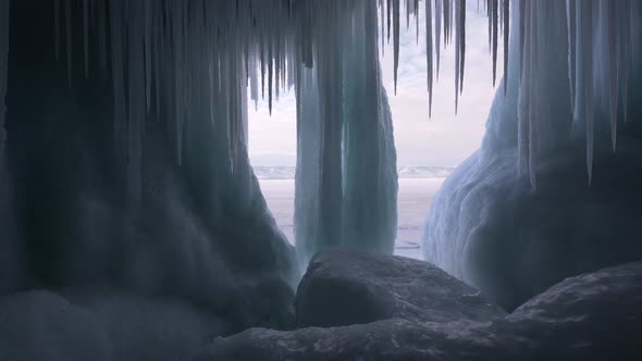 Huge Stalactites Sharp Icicles Floes Frozen Grotto Blue Ice Iceberg of Lake Baikal