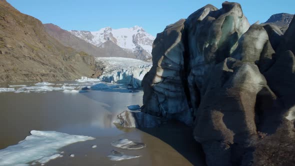 Aerial flyover view of Svinafellsjokull glacier, Svinafell, Iceland alt