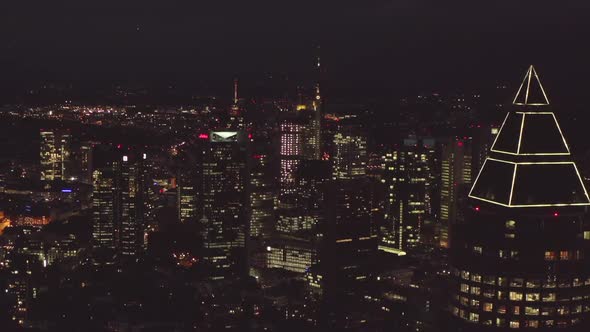 AERIAL: Over Frankfurt Am Main, Germany Skyline at Night, Big City, Lights, Skyscraper alt