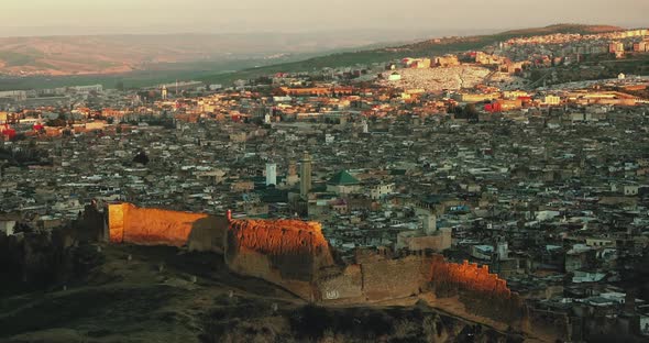 Aerial view of the old Medina in Fes at sunset, Morocco (Fes El Bali Medina), timelapse