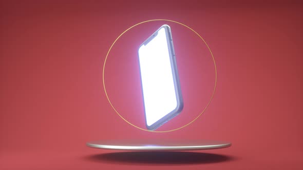 3D realistic render mobile phone with illuminated screen rotating in stand product presentation alt