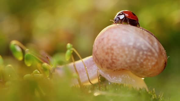 Close-up Wildlife of a Snail and Ladybug in the Sunset Sunlight alt