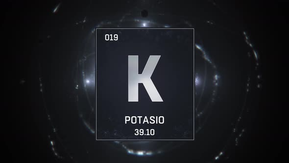 Potassium as Element 19 of the Periodic Table on Silver Background in Spanish Language
