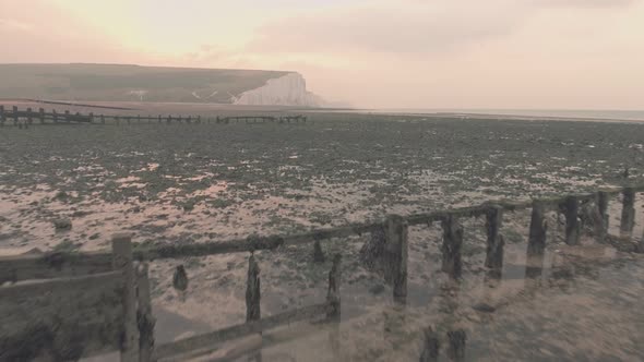 Seven Sisters cliffs at sunset, South Downs National Park, England. Aerial drone view alt