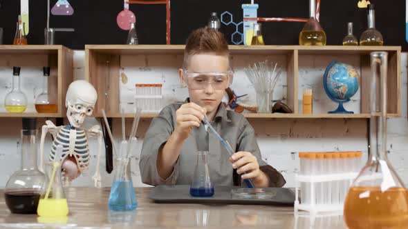 Laboratory Experience in a Chemistry Lesson Boy in Protective Glasses Pours a Blue Liquid Into a alt