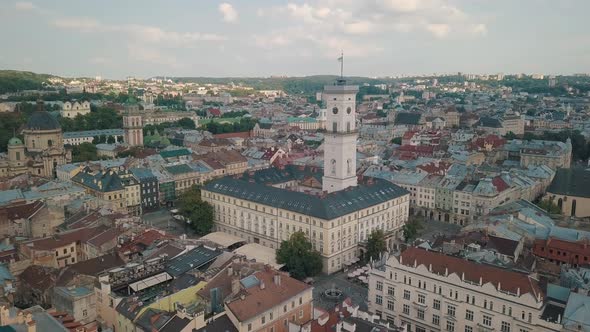 Aerial Drone Video of European City Lviv, Ukraine, Rynok Square, Central Town Hall, Dominican Church alt