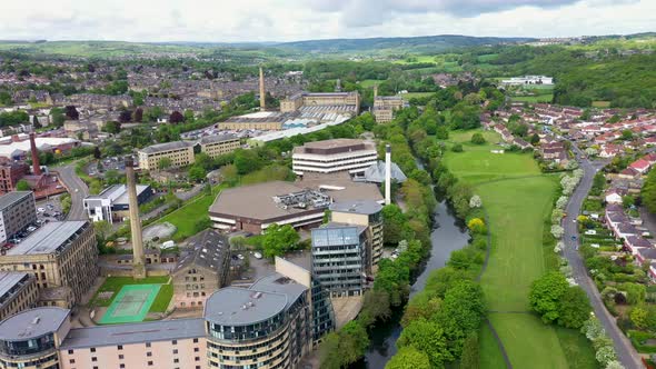 Aerial drone footage of the historic town of Shipley in the City of Bradford, West Yorkshire, UK