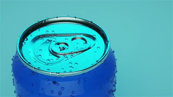 Realistic 3D Animation of the Blue Can of Soda with Water Drops