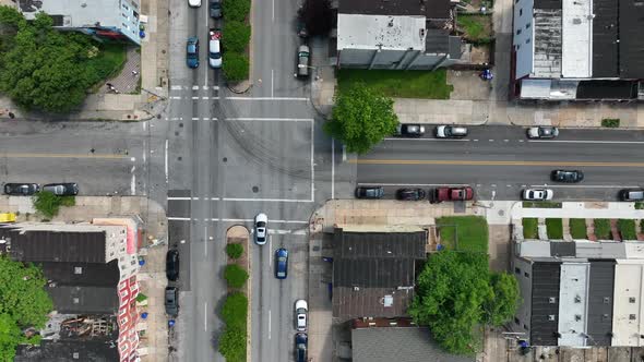 Top down on homes in USA. Residential houses along street. Low income housing in America. alt