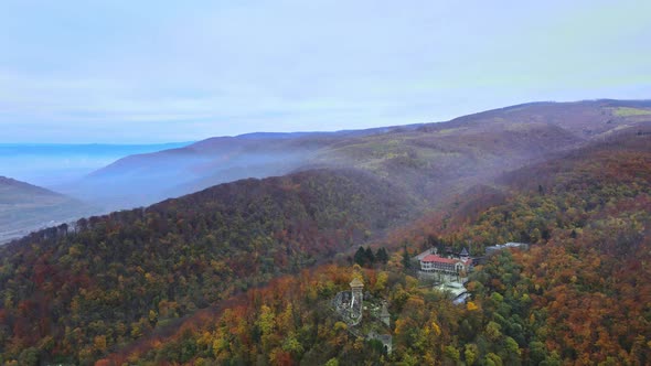 Landscape Panorama in the Mountains of Autumn Forest with Aerial View alt