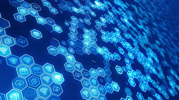 Blue technology futuristic icon with hexagon shape abstract background concept