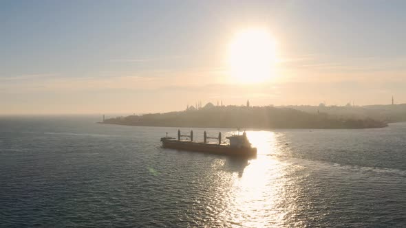 Istanbul Bosphorus Cargo Ship Aerial View Sunset alt
