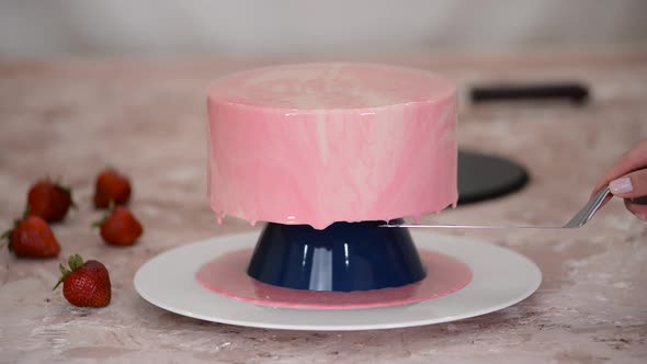 Pastry Chef Prepares Modern French Mousse Dessert with Mirror Glaze