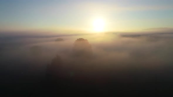 Beautiful Aerial Sunrise View with Fog - 4K