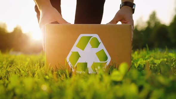 Unidentified man puts a box marked as recyclable raw materials on the grass