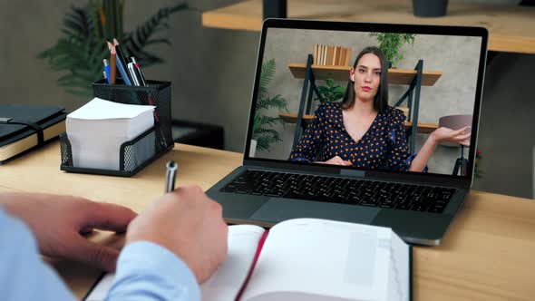 Smart beautiful woman tutor in laptop screen talk speak teaches by remote webcam alt