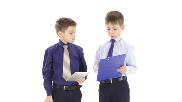 Businessmen Children Speak About Work and Standing in White Studio alt
