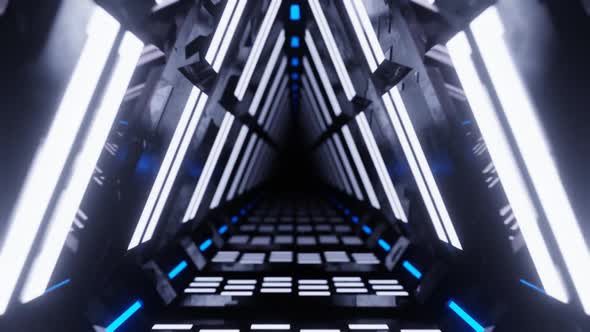 Abstract Sci-Fi Technology Triangle Neon Tunnel in Outer Space with Mirrors Loop Background