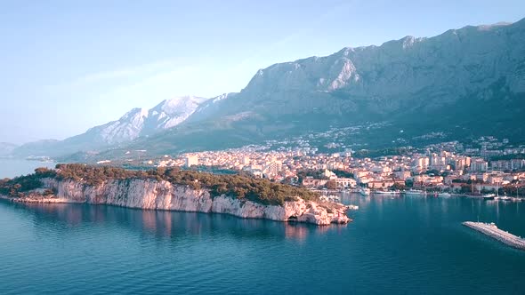 View From the Height of the City of Makarska and Yachts in the Port . Makarska. Croatia. Europe