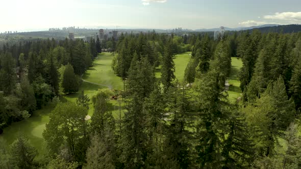 Aerial dolly right of golf course with pine trees on Tri-Cities area, Vancouver, British Columbia, C alt